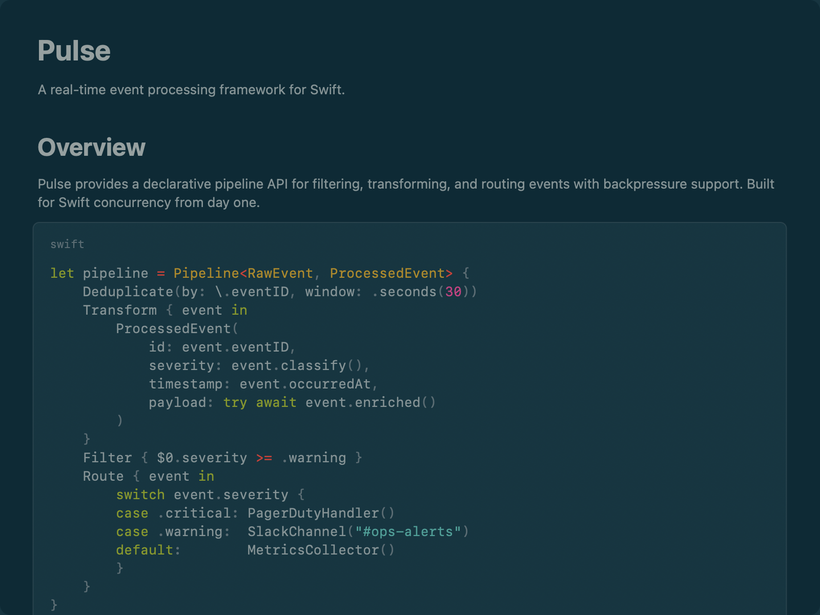 mkdn rendering a technical document with Swift code blocks, a Mermaid sequence diagram, and a file tree sidebar in Solarized Dark