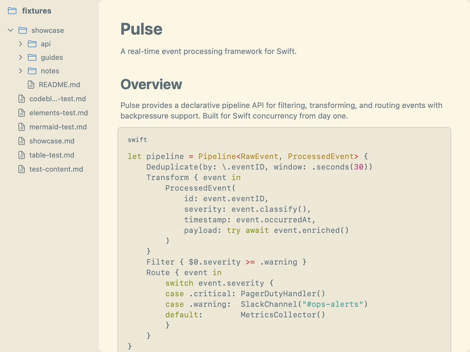 Solarized Light theme showing a configuration table, blockquote, and operator list with sidebar